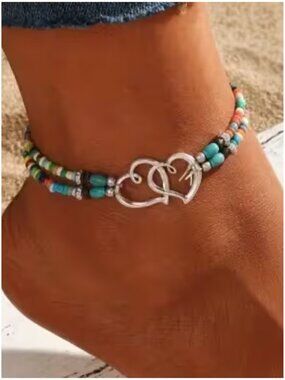 Ankle Bracelet Boho Chic Double Heart Design Multicolor Seed Beads Elastic Cord